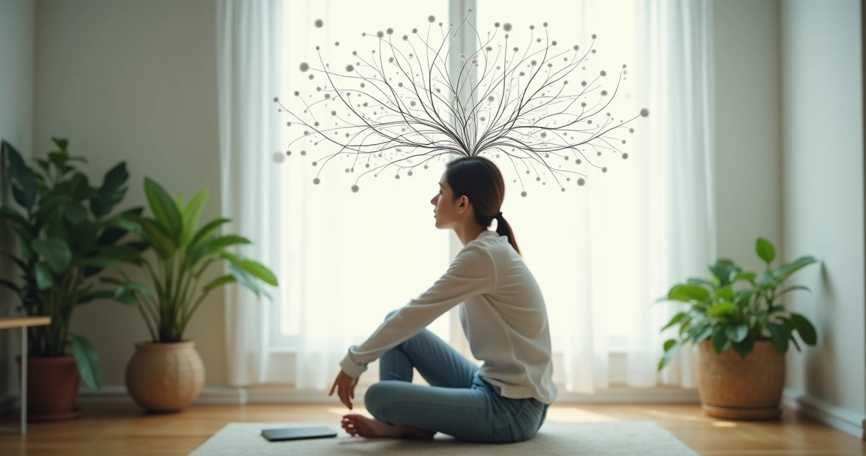 Representação gráfica de uma pessoa refletindo sozinha em um ambiente tranquilo, sugerindo mudança interior 