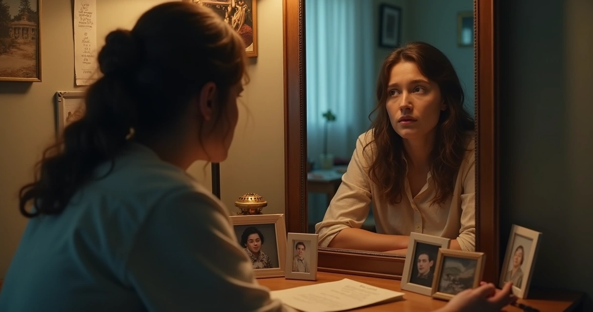 Pessoa olhando para o próprio reflexo em um espelho, com aspecto pensativo e luz suave 