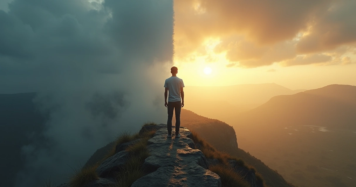 Pessoa contemplando paisagem dividida entre tormenta e clareza 