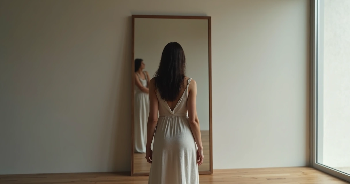 Pessoa refletindo diante de um espelho com metade clara e metade escura 