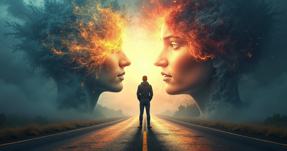 Pessoa diante de bifurcação com caminhos diferentes e fundo abstrato. 