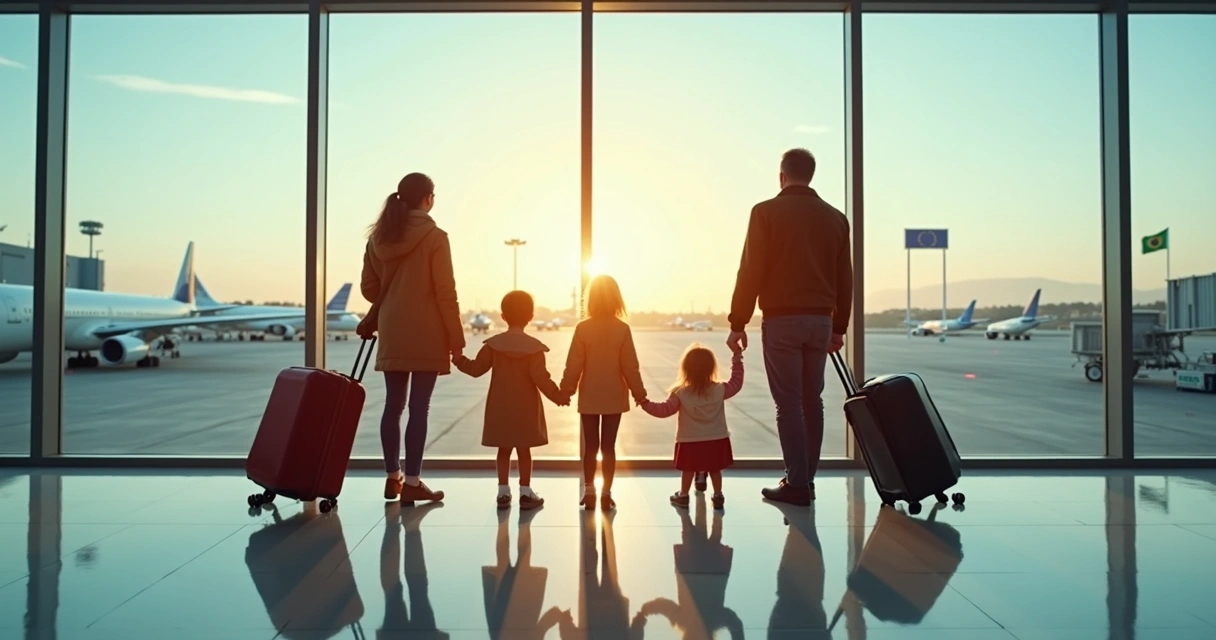 Família com malas no aeroporto prontos para embarcar para mudança internacional 