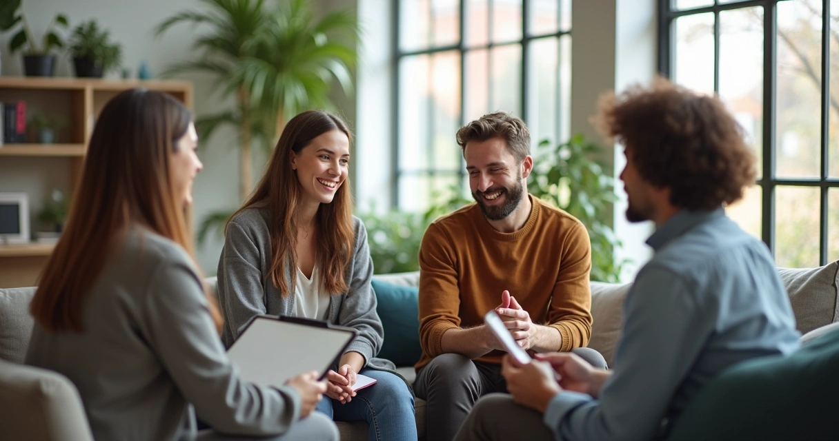 Gestor conversando informalmente com equipe descontraída em ambiente de trabalho 