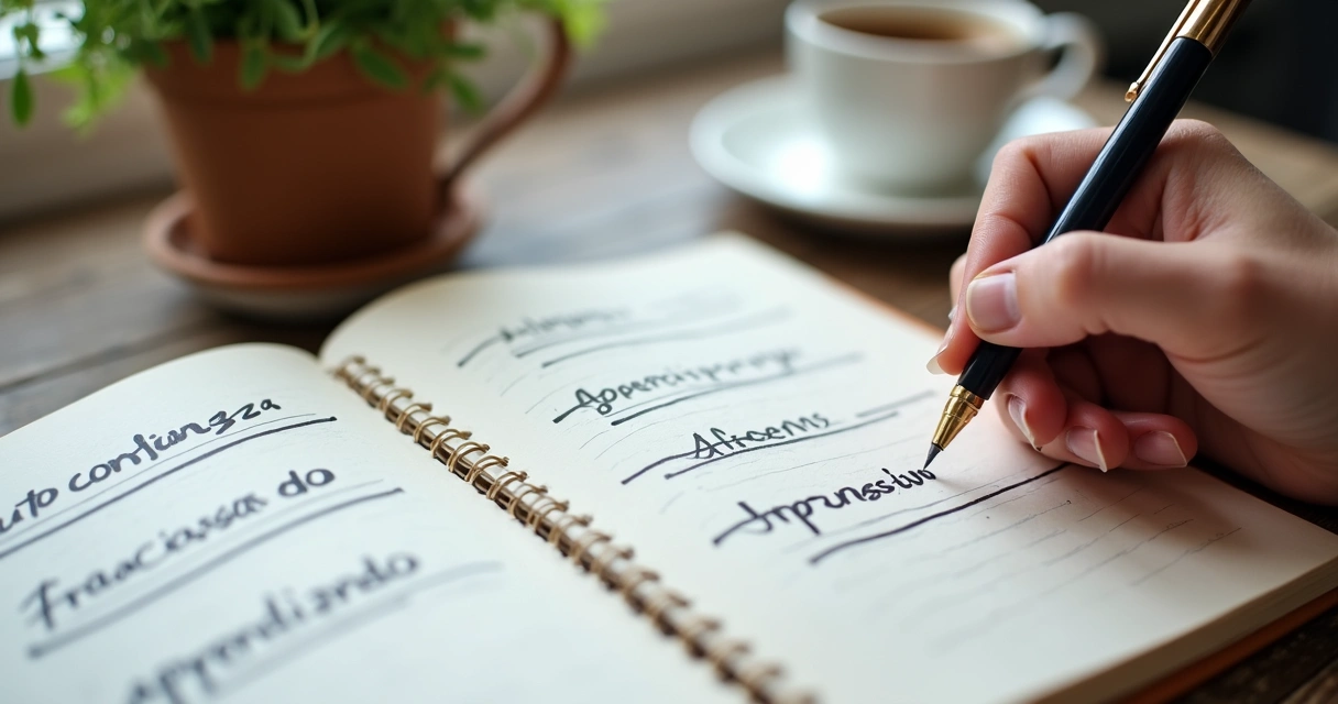 Mão escrevendo em caderno com palavras positivas e negativas 