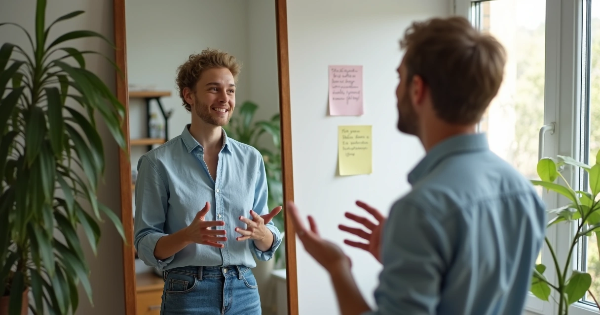 Pessoa praticando discurso na frente do espelho