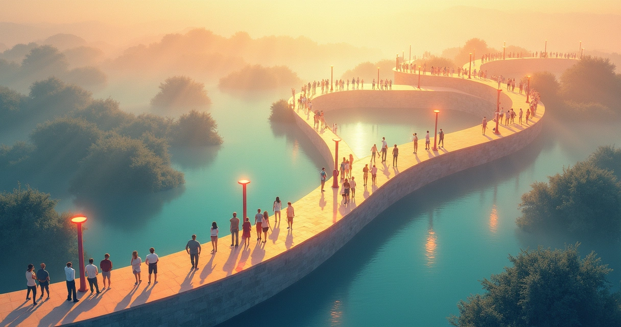 Ilustração mostrando uma linha do tempo de um projeto social, com mudanças de direção 