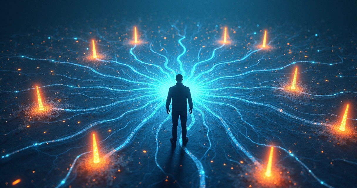 Imagem de uma pessoa em encruzilhada de caminhos neurais internos 