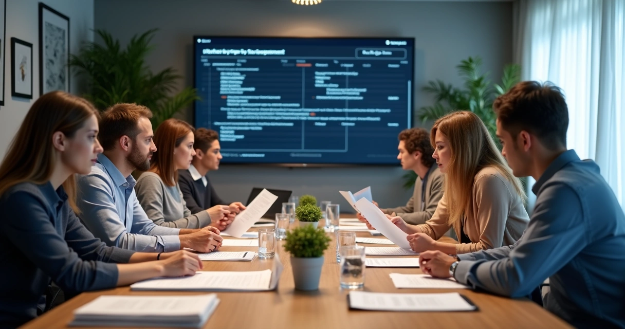 Equipe reunida revisando normas de compliance digital 