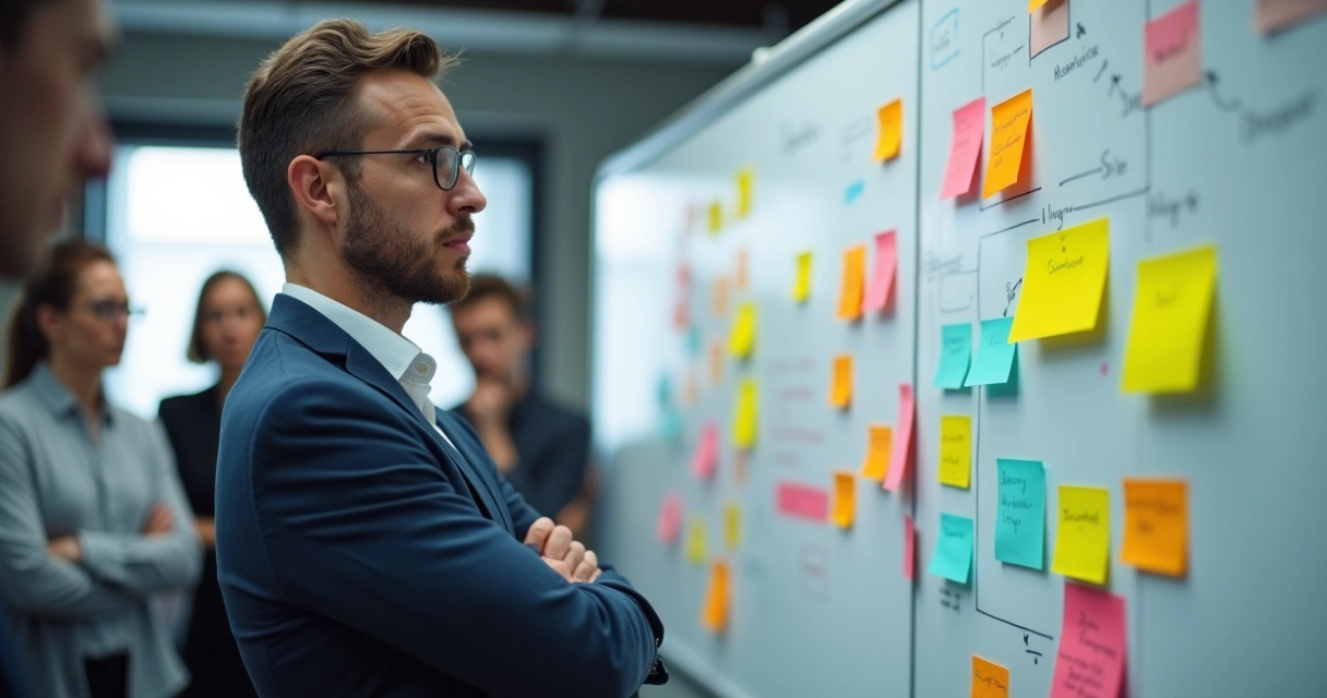 Profissional analisando quadro de projetos com expressões de dúvida e resistência 