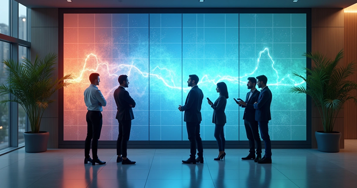Painel digital mostrando ondas emocionais atrás de funcionários diante de comunicado de mudança 