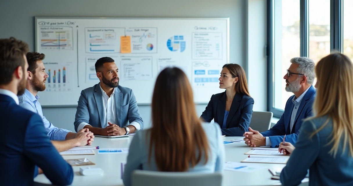 Equipe de oito pessoas reunida em círculo discutindo mudança organizacional 