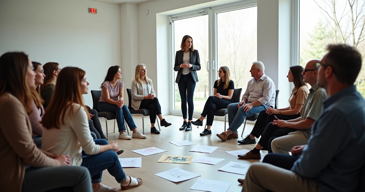 Facilitador conduzindo sessão de mudança organizacional com pessoas em círculo, ambiente claro 
