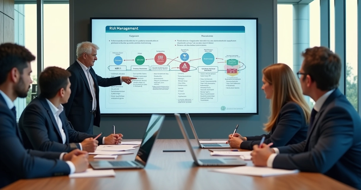 Reunião de gestores analisando mudanças organizacionais em painel com indicadores de riscos 