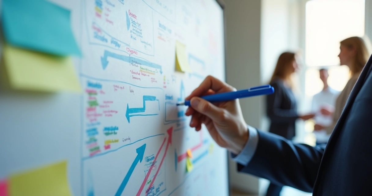 Pessoa escrevendo uma estratégia de mudança em um quadro branco de escritório