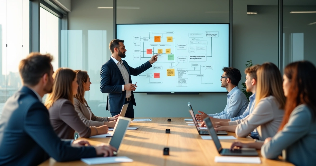Líder em reunião guiando equipe através de mudança organizacional 
