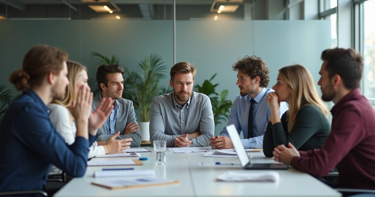 Membros de uma equipe em discussão, alguns demonstrando hesitação, outros atentos, ambiente de escritório moderno