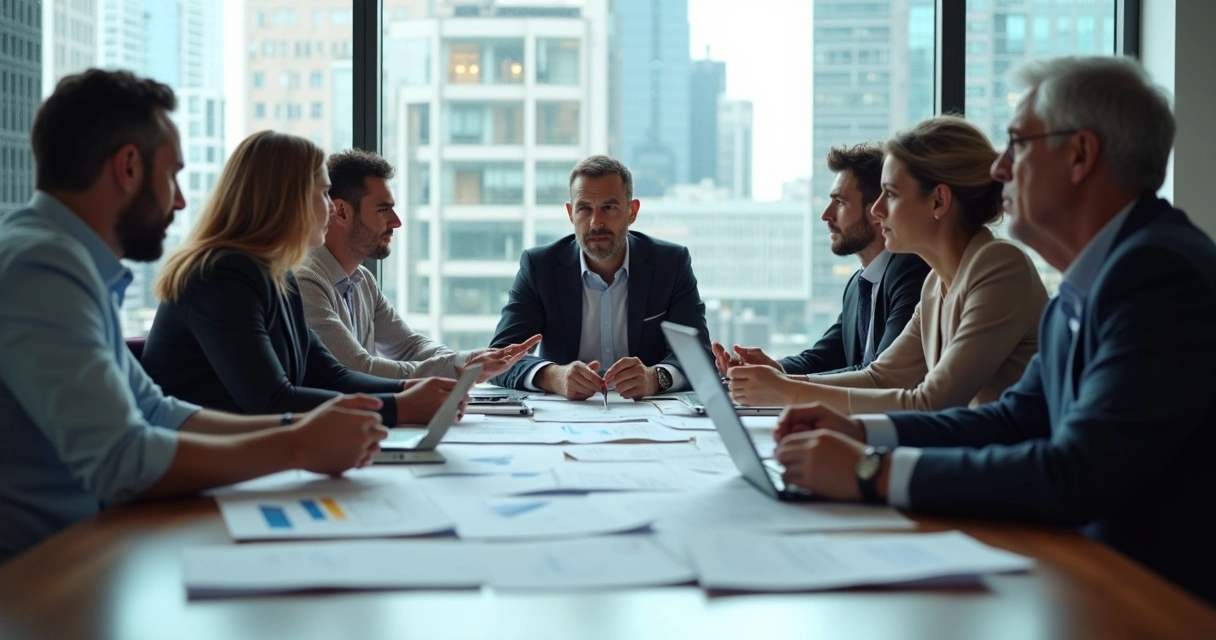Equipe reunida em mesa de reuniões, discutindo mudanças organizacionais em clima de concentração