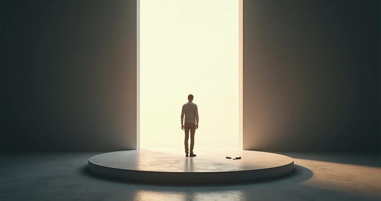 Círculo dividido entre sombra e luz com uma pessoa em pé simbolizando transformação interior
