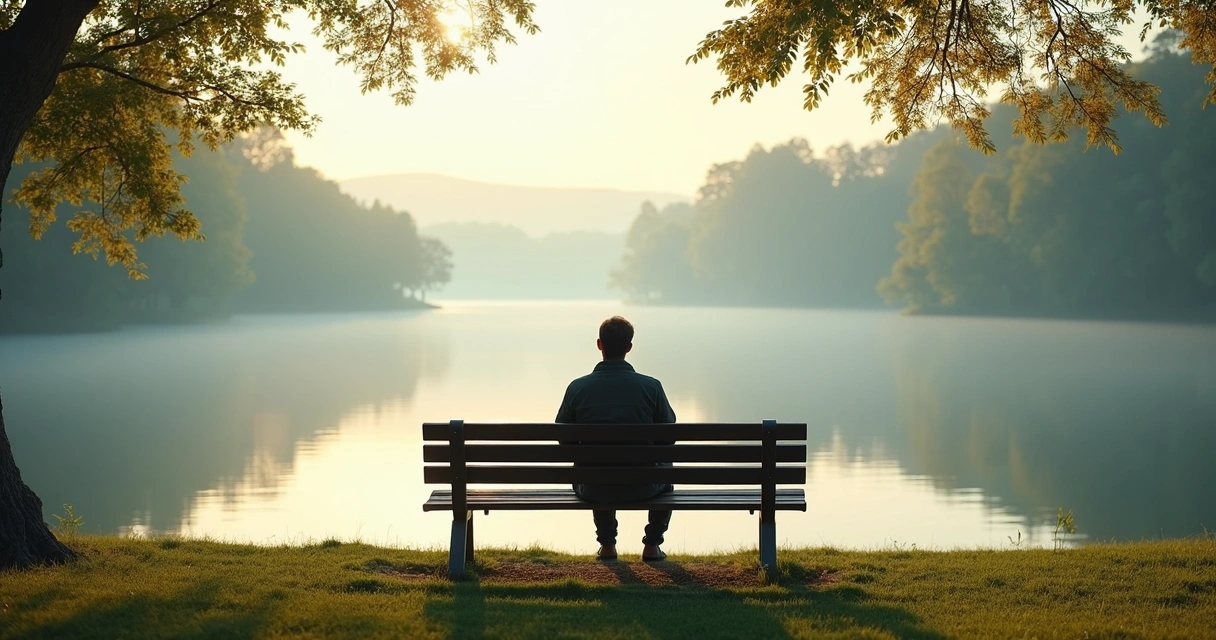 Pessoa sentada refletindo com paisagem tranquila ao fundo 