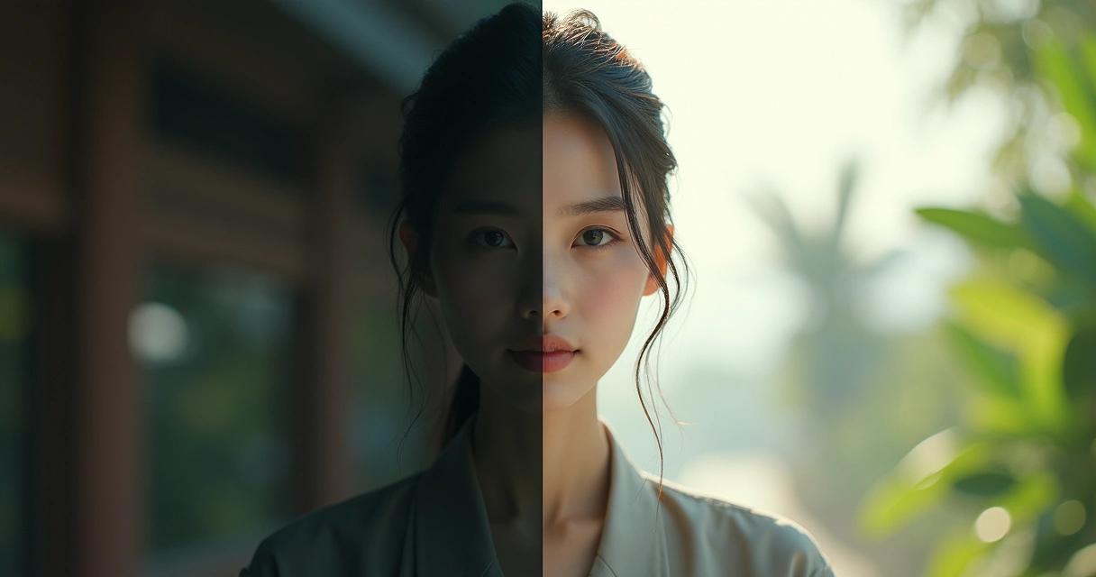 Pessoa com expressão serena olhando para frente, uma metade do rosto em tons escuros e outra iluminada, símbolo de divisão e renovação 