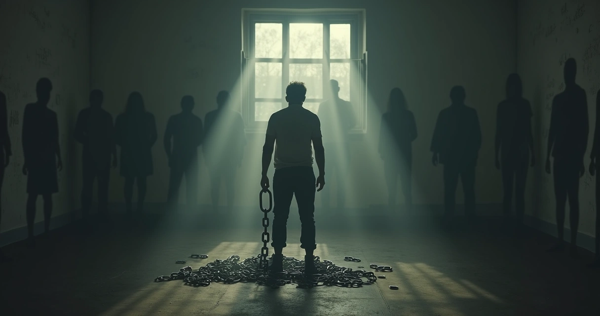 Pessoa solitária quebrando corrente em ambiente escuro 