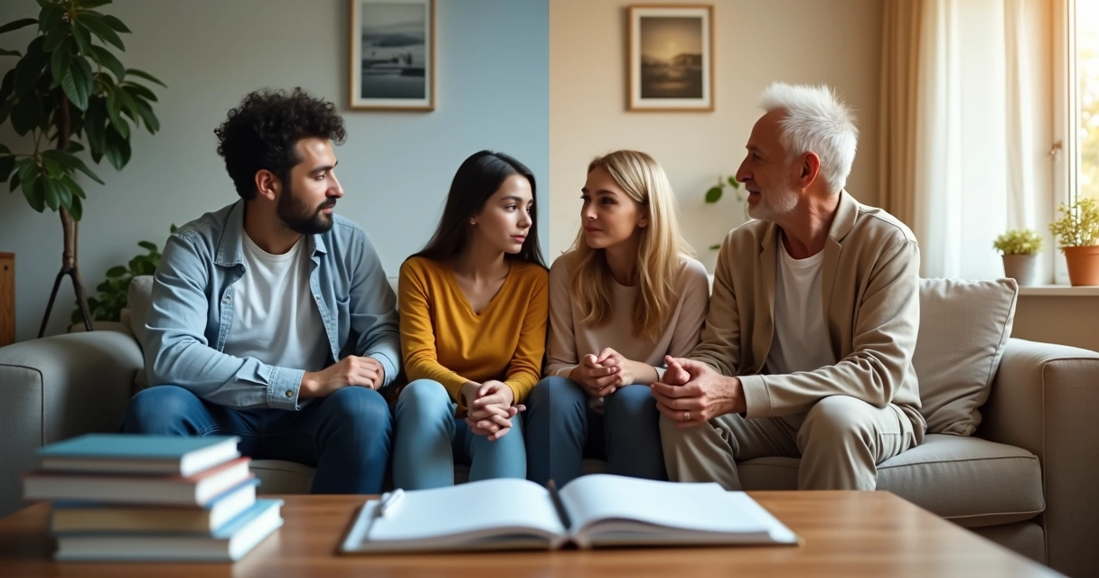 Família em sala dividida entre conflito e reconciliação 