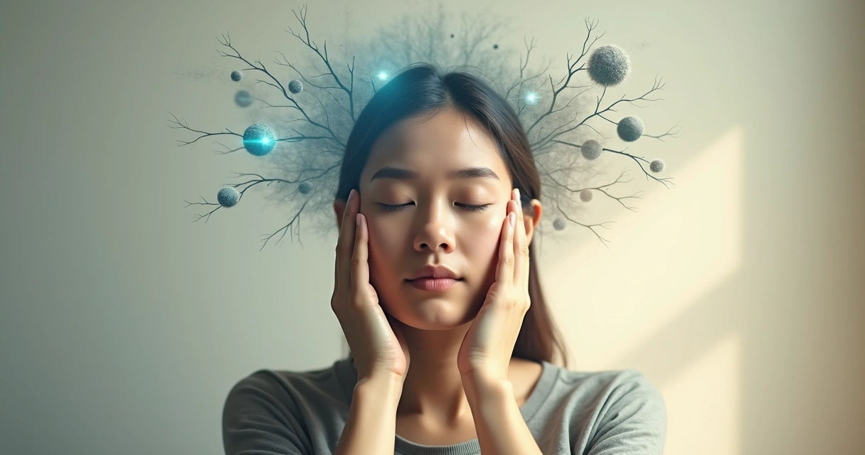 Pessoa de olhos fechados tocando a própria cabeça com ilustrações de pensamentos se reorganizando 