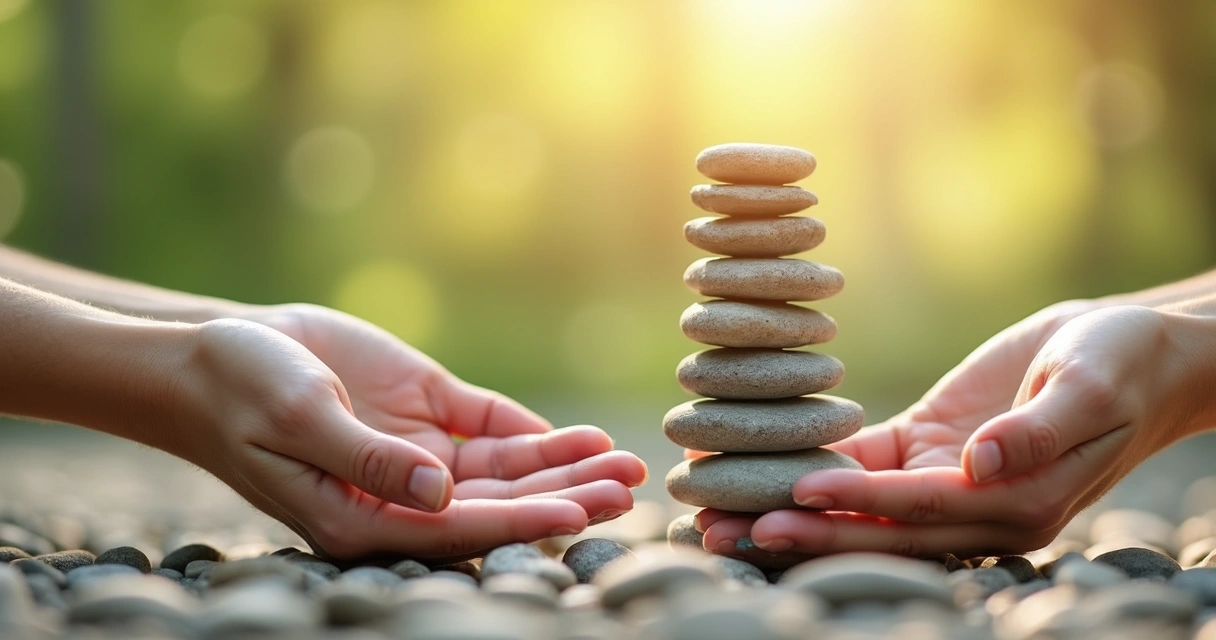 Mãos segurando pequenas pedras empilhadas em sequência crescente 