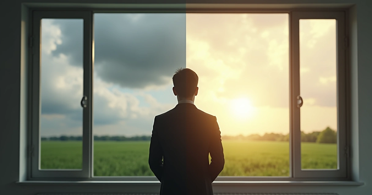 Pessoa olhando paisagem por janela, metade escura e metade iluminada 