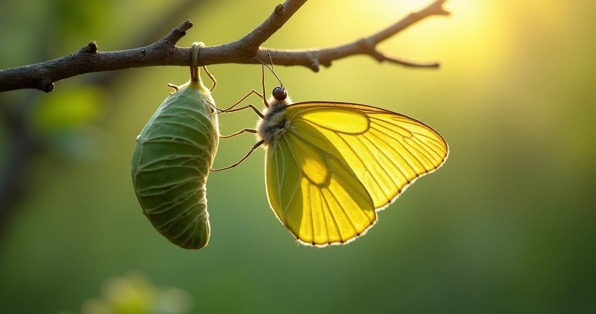 Símbolo de transformação pessoal, borboleta saindo de casulo 