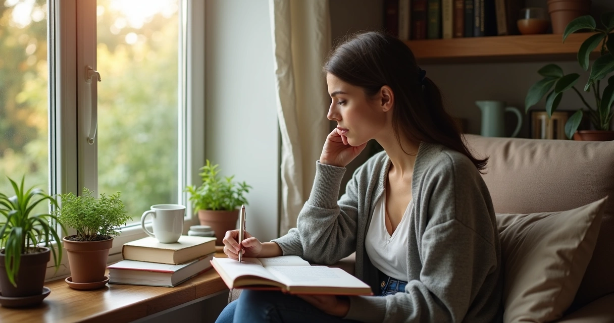 Pessoa em ambiente tranquilo refletindo sobre aprendizados e mudanças de comportamento.