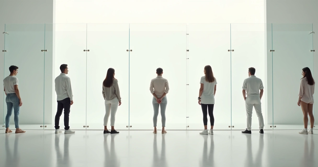 Várias pessoas paradas diante de barreiras invisíveis em um ambiente claro e minimalista