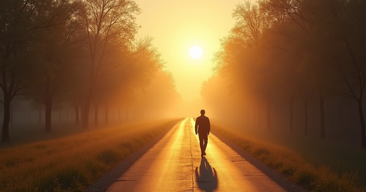Pessoa caminhando por estrada serena com luz ao fundo representando mudança