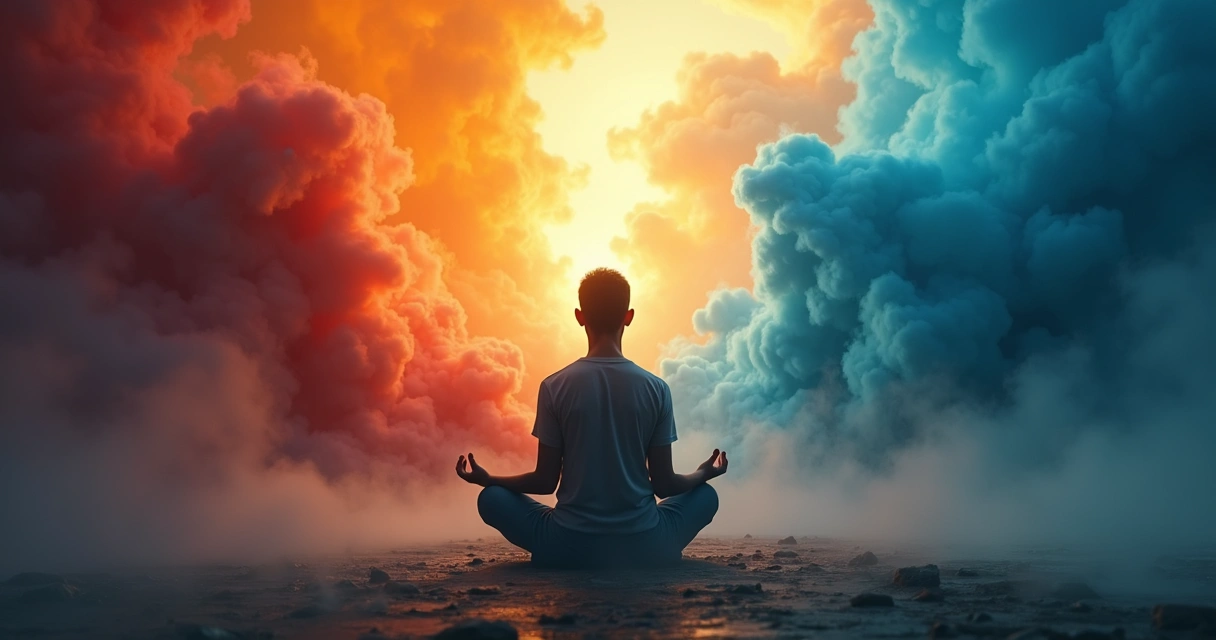 Pessoa meditando em meio a caos emocional representado por cores intensas em volta 