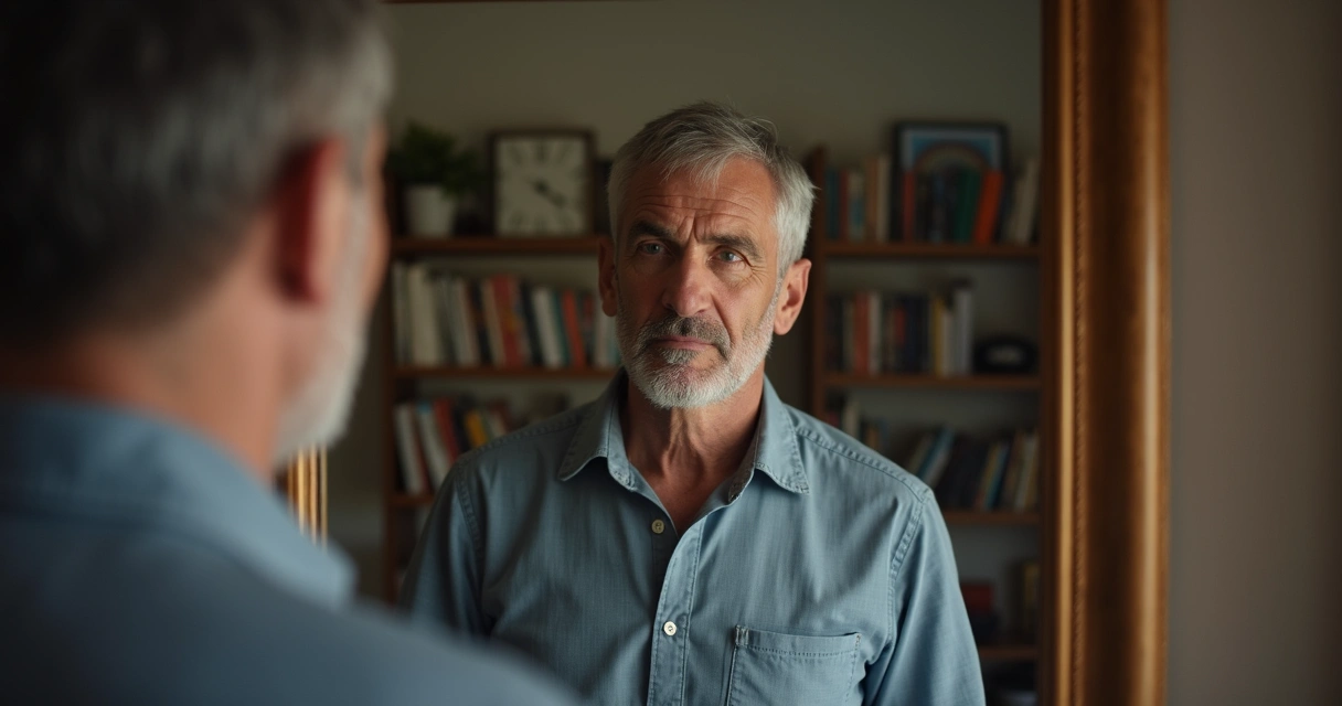 Homem olhando para si mesmo no espelho com expressão determinada 