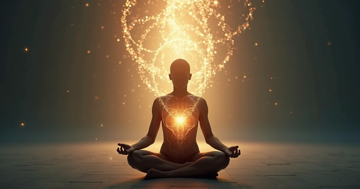 Pessoa sentada em posição de introspecção com padrão de luz representando mudança interna 