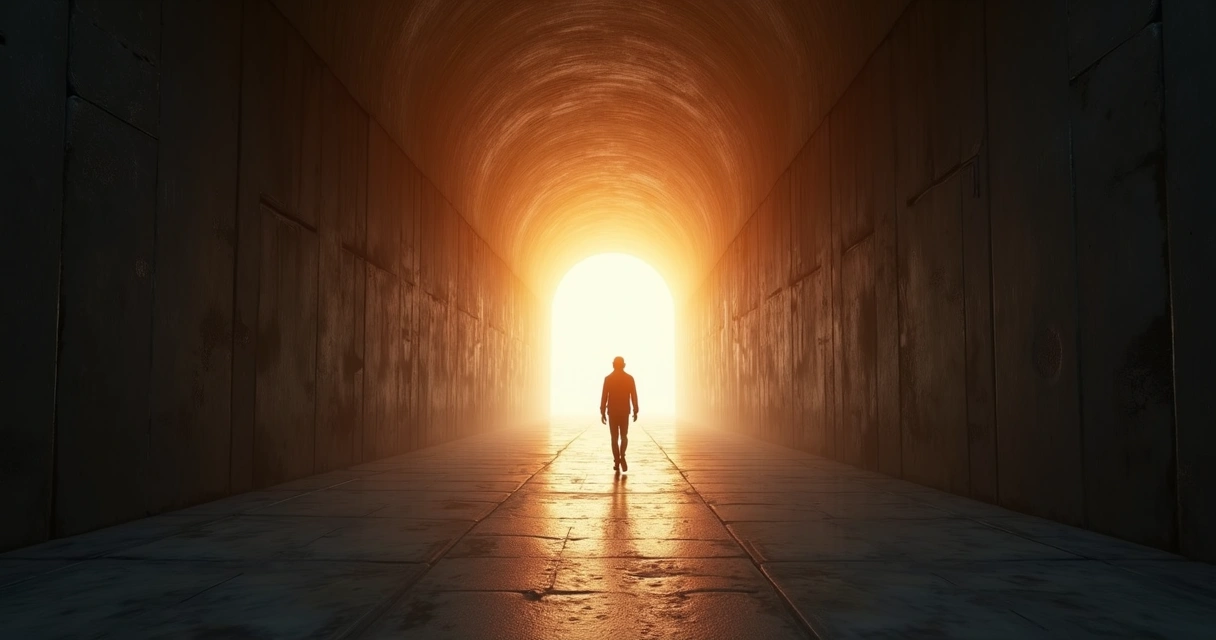 Pessoa caminhando em direção à luz no fim do túnel, simbolizando mudança interior 
