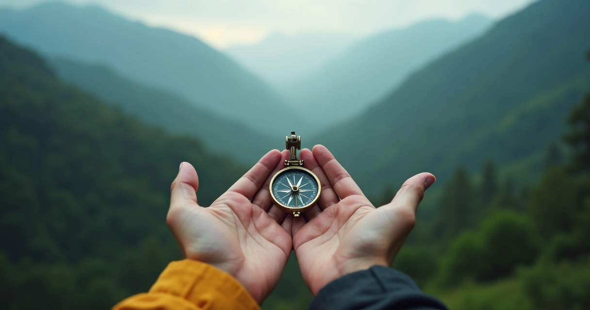 Mãos segurando uma bússola sobre paisagem de montanhas