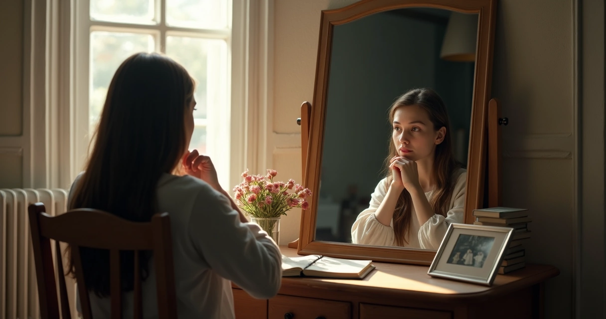 Pessoa pensativa olhando para o espelho, sugerindo autorreflexão. 
