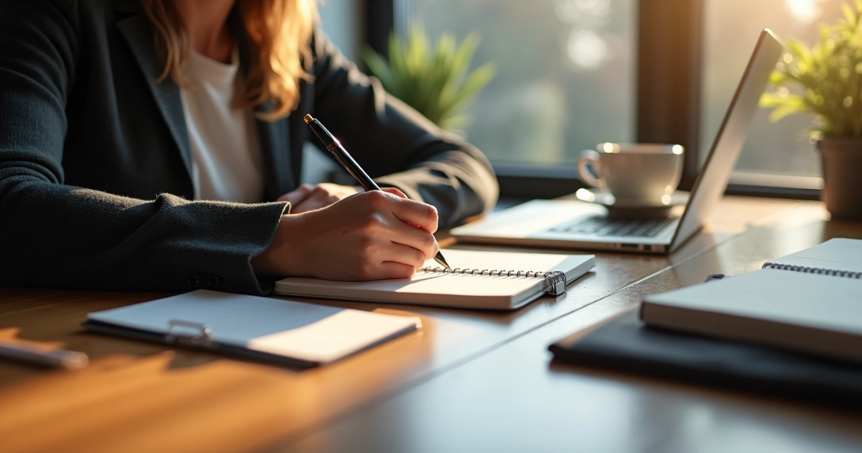 Pessoa anotando reflexões em caderno durante pausa em ambiente de trabalho. 