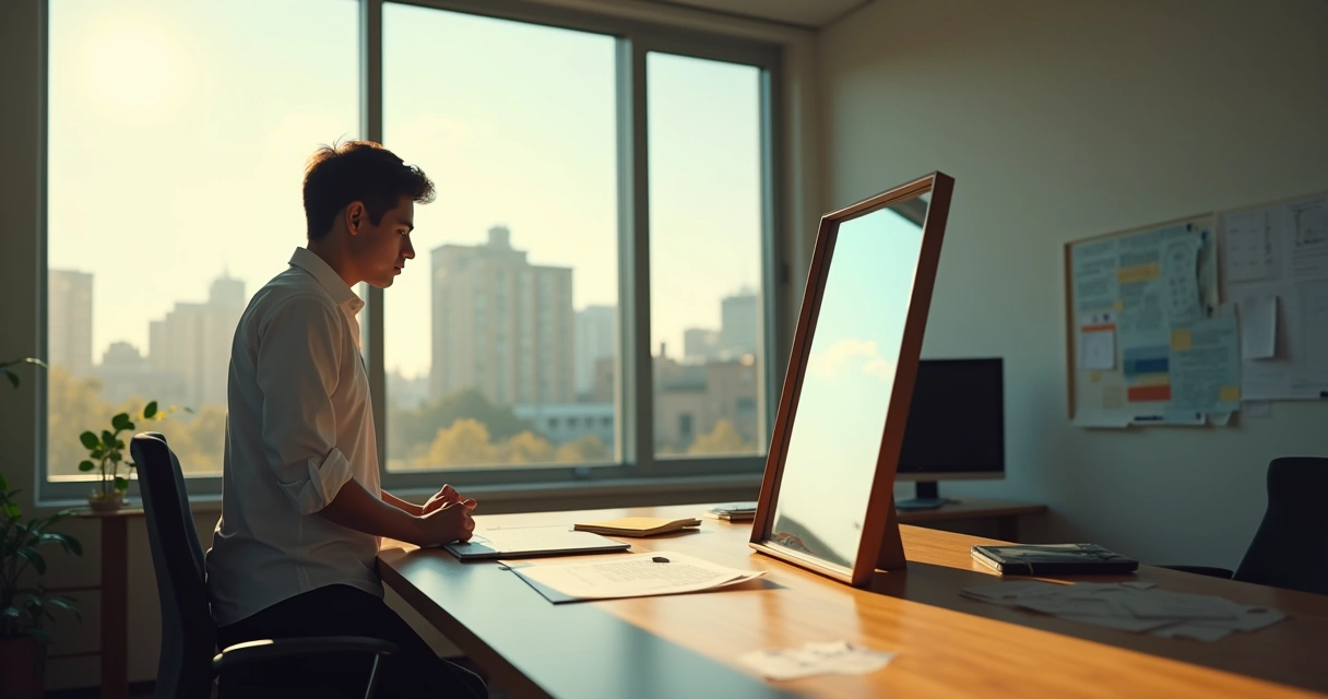 Pessoa olhando para um espelho no escritório 