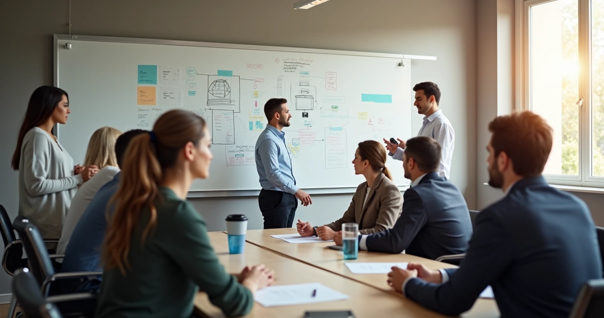 Grupo de pessoas reunidas conversando em sala de reunião com quadro e anotações na parede. 