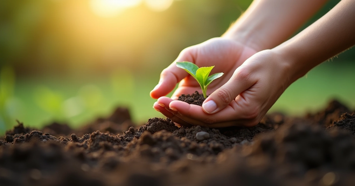 Duas mãos tocando uma planta jovem crescendo em solo fértil, fundo desfocado, luz suave 