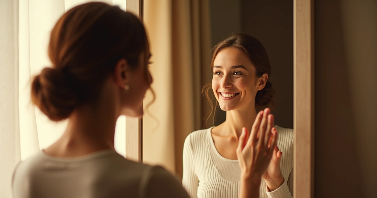 Pessoa refletindo diante do espelho e sorrindo ao notar pequenas mudanças