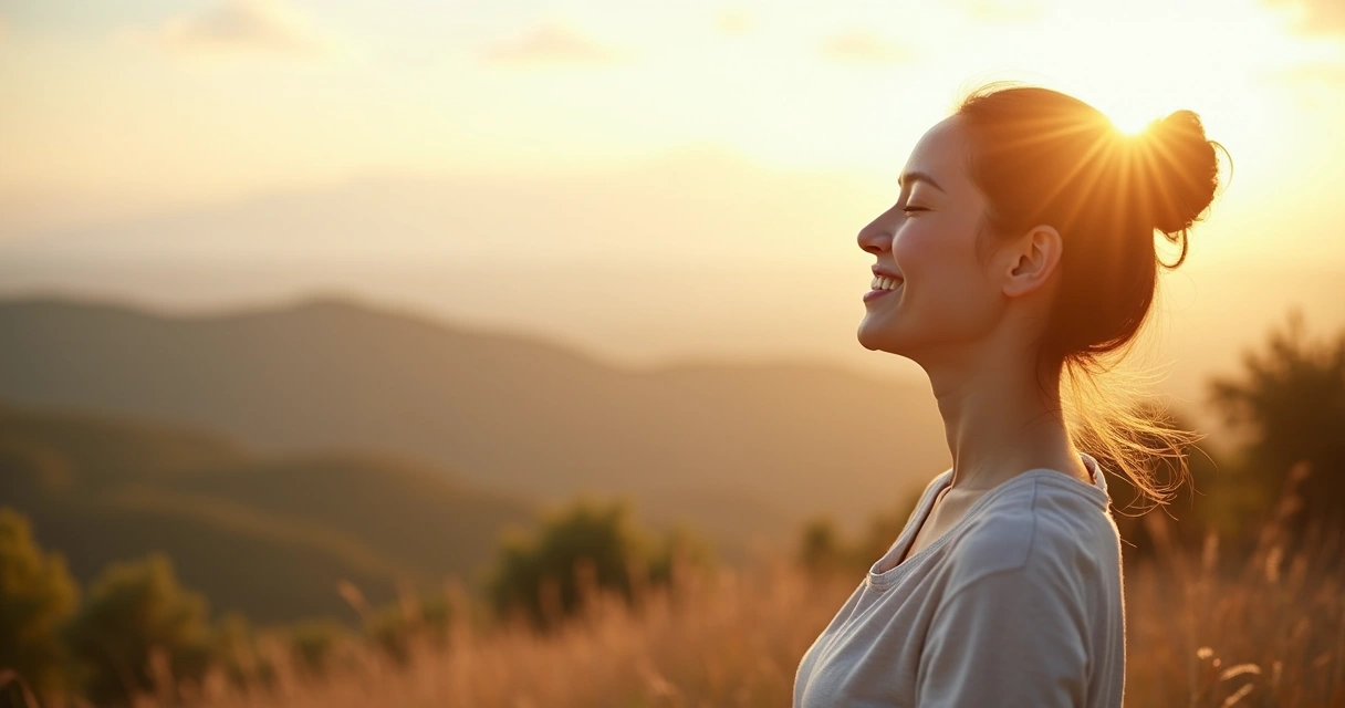 Pessoa sorridente observando paisagem natural, expressão de tranquilidade 
