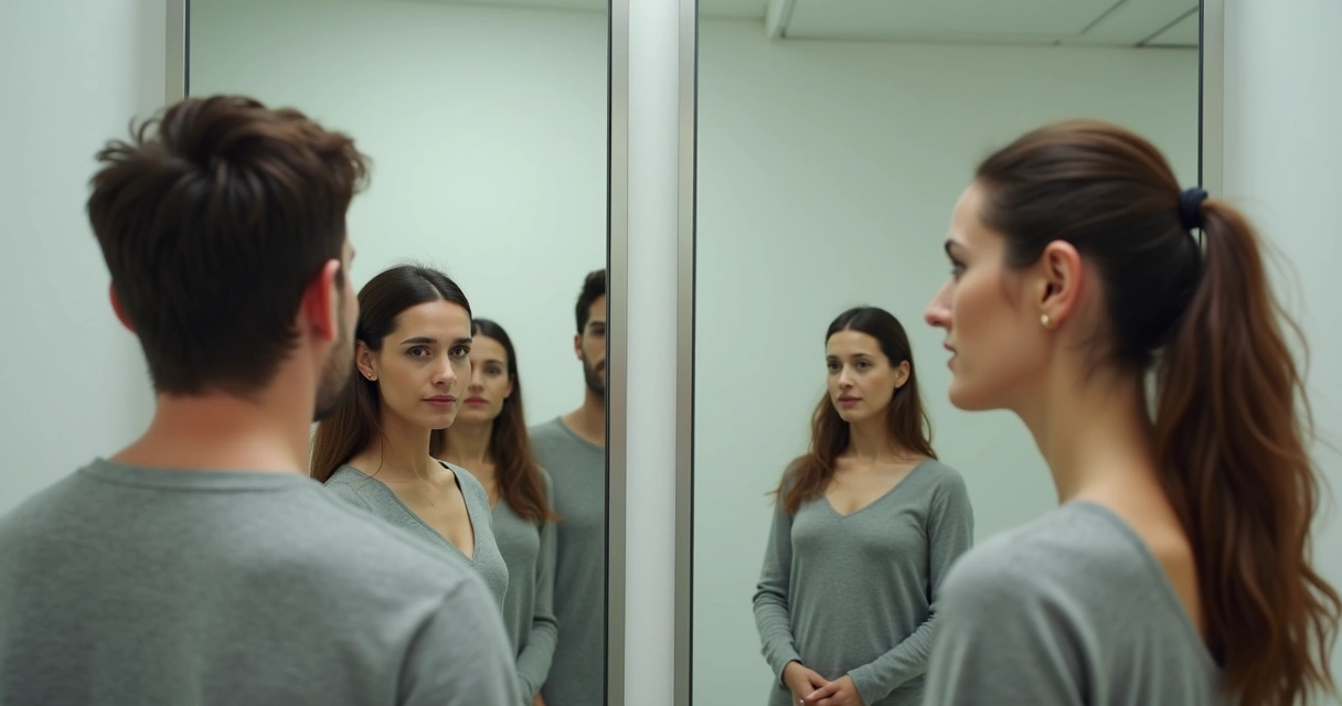 Homens e mulheres olhando ao espelho e vendo reflexos diferentes