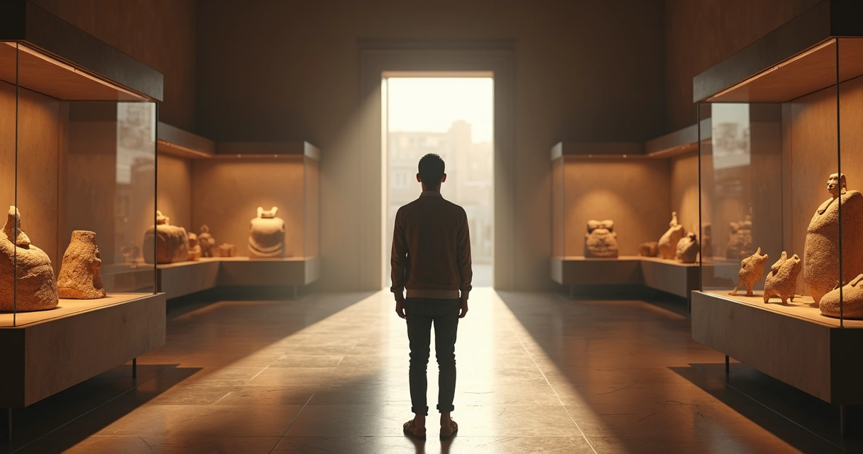 Pessoa sozinha contemplando objetos culturais antigos em um museu
