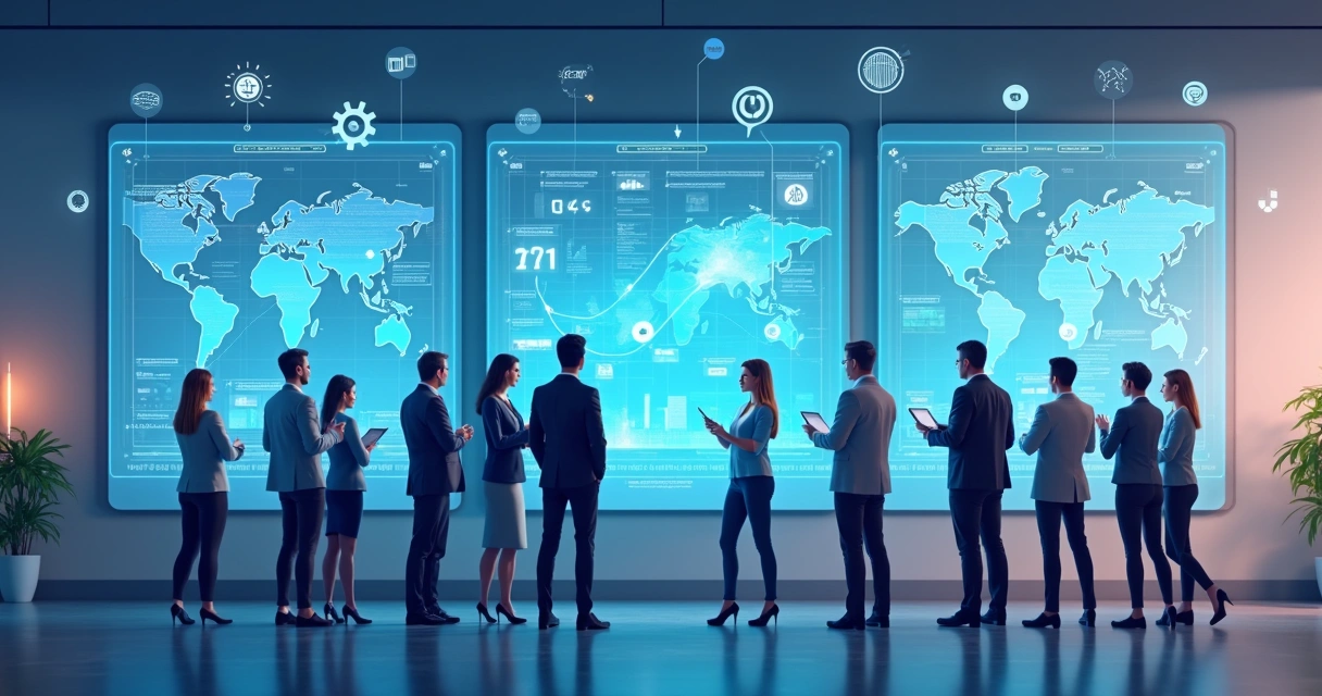 Equipe observa painéis digitais sobre evolução da IA corporativa 