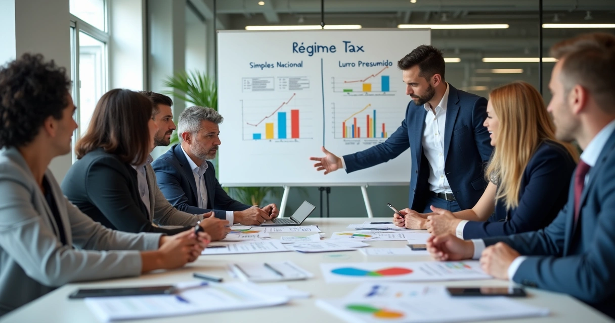 Equipe empresarial analisando opções tributárias no escritório 