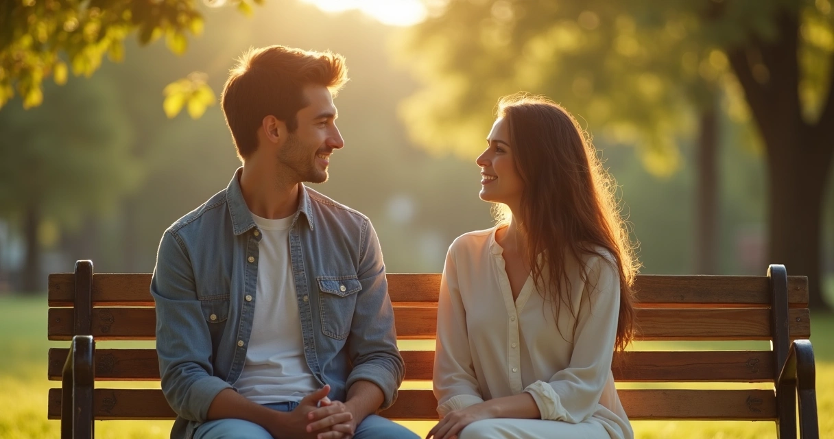 Duas pessoas dialogando em ambiente natural, sentadas lado a lado, com expressão de reconciliação. 